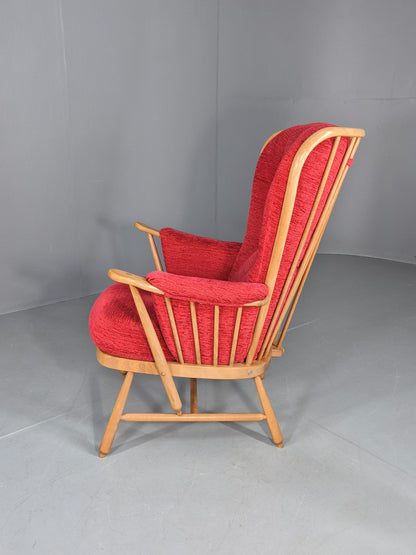 Ercol Evergreen Vintage Lounge Chair High Back Red Chenille Retro EB12859