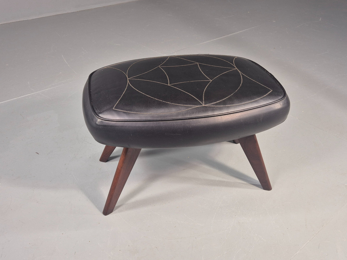 Vintage Danish Mid Century Footstool Black Vinyl Teak Legs 1960s Retro EB12048