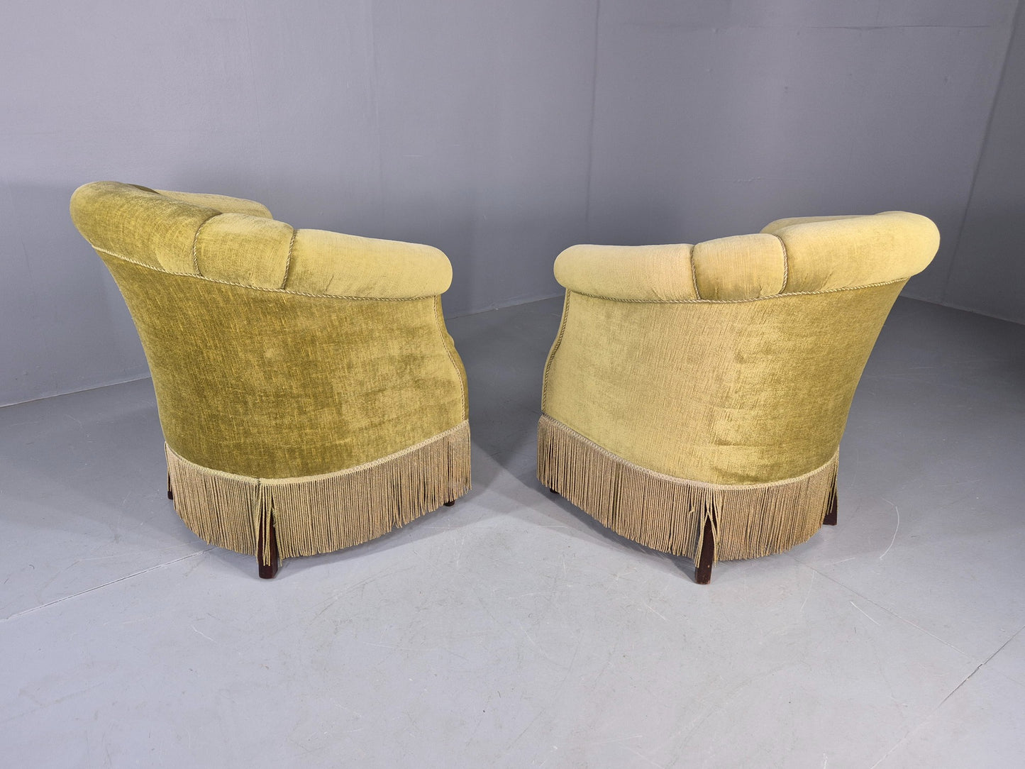 Pair Art Deco Tub Chairs Danish Design 1950s Green Velour Tassels Retro EB12715
