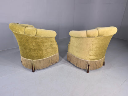 Pair Art Deco Tub Chairs Danish Design 1950s Green Velour Tassels Retro EB12715