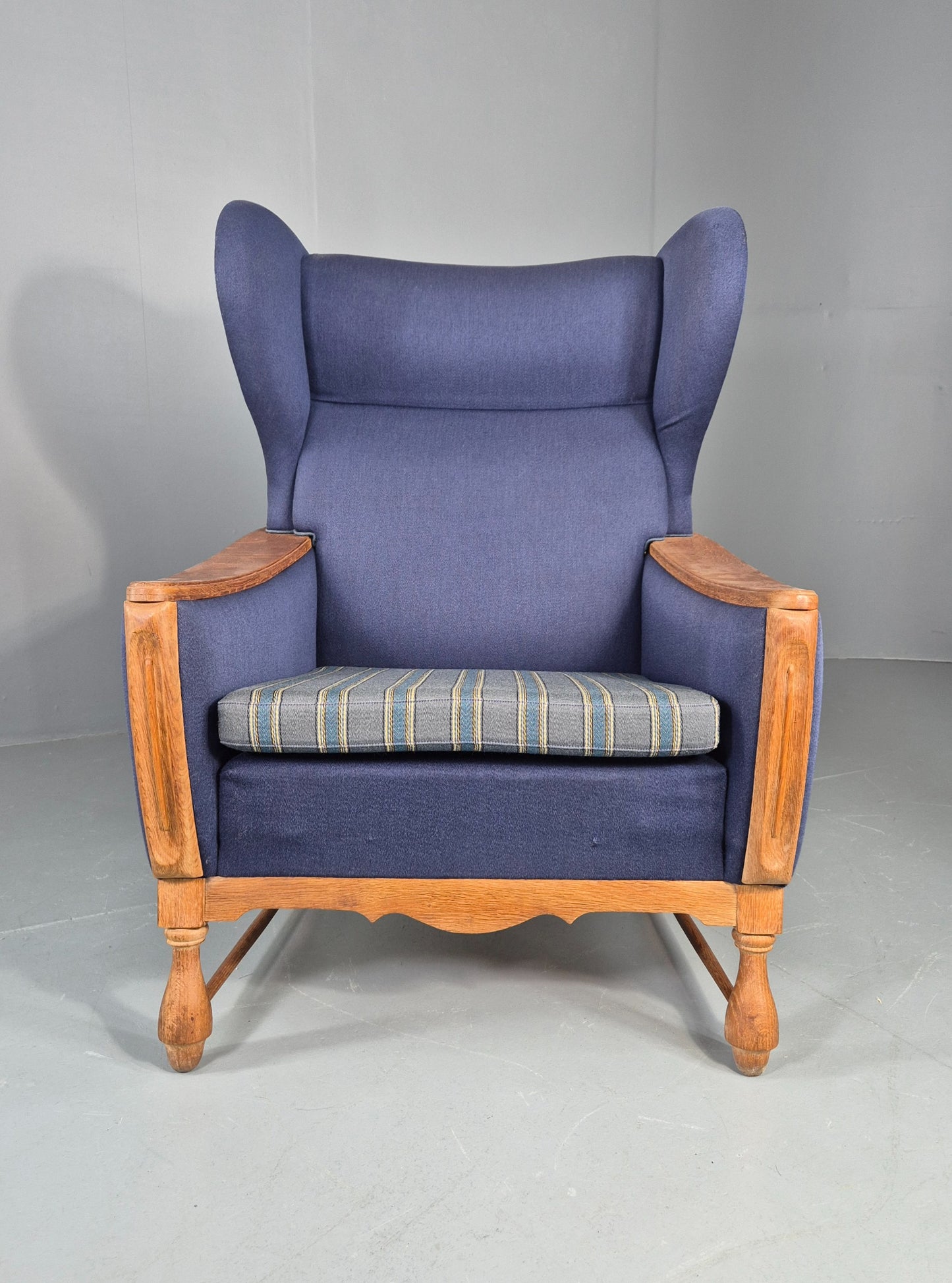 Vintage Danish Lounge Wing Chair Oak Frame Blue Wool 1970s  Retro MCM EB12771
