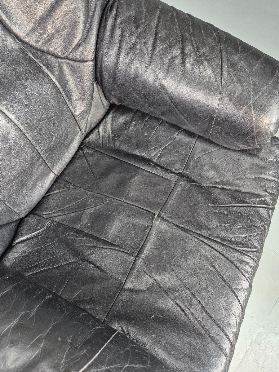 Vintage Danish Swivel Recline Chair Black Leather Bentwood 1980s Retro EB9254