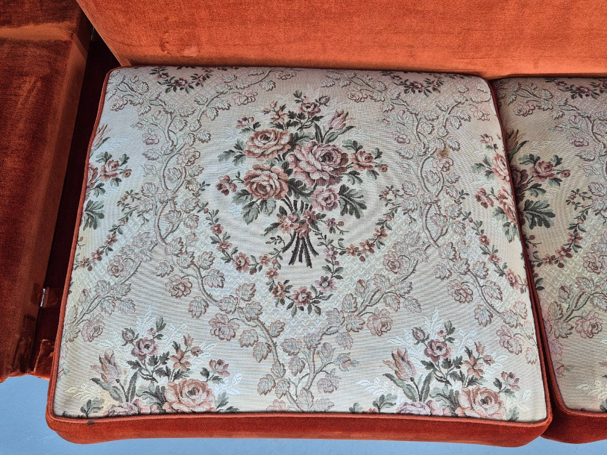 Vintage Danish Knole Sofa 2 Seater Red Velour Floral Cream Cushions EB12725