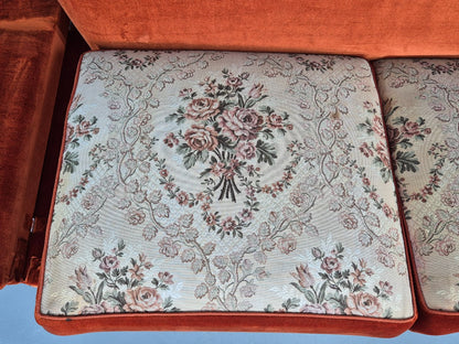 Vintage Danish Knole Sofa 2 Seater Red Velour Floral Cream Cushions EB12725
