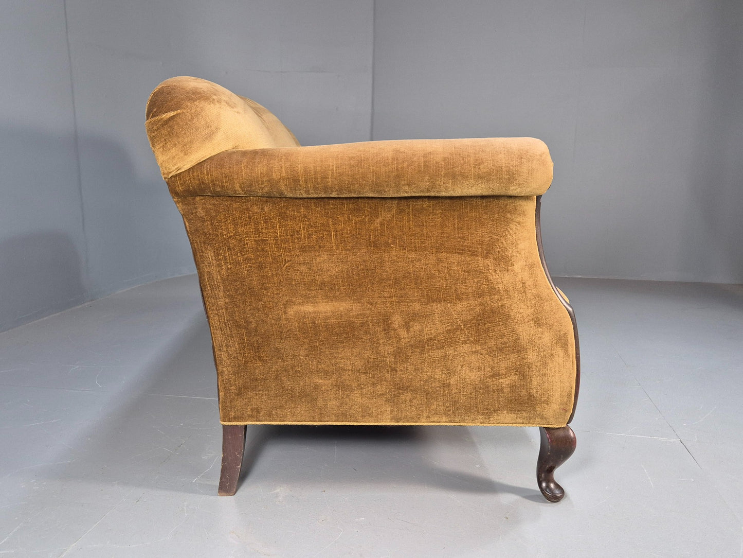 Antique 1920s Danish Sofa Mustard Velour Cabriole Legs EB09017