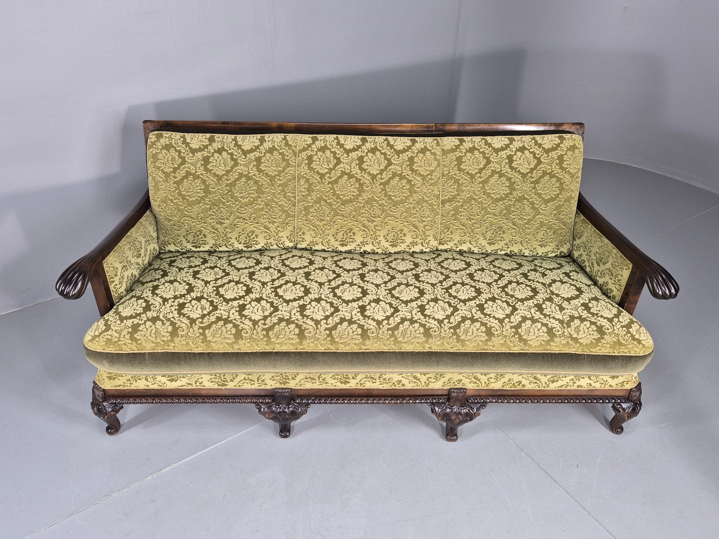 Antique 3 Seater Sofa 1920s Danish Carved Frame Green Moquette  EB12005