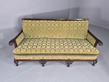 Antique 3 Seater Sofa 1920s Danish Carved Frame Green Moquette  EB12005