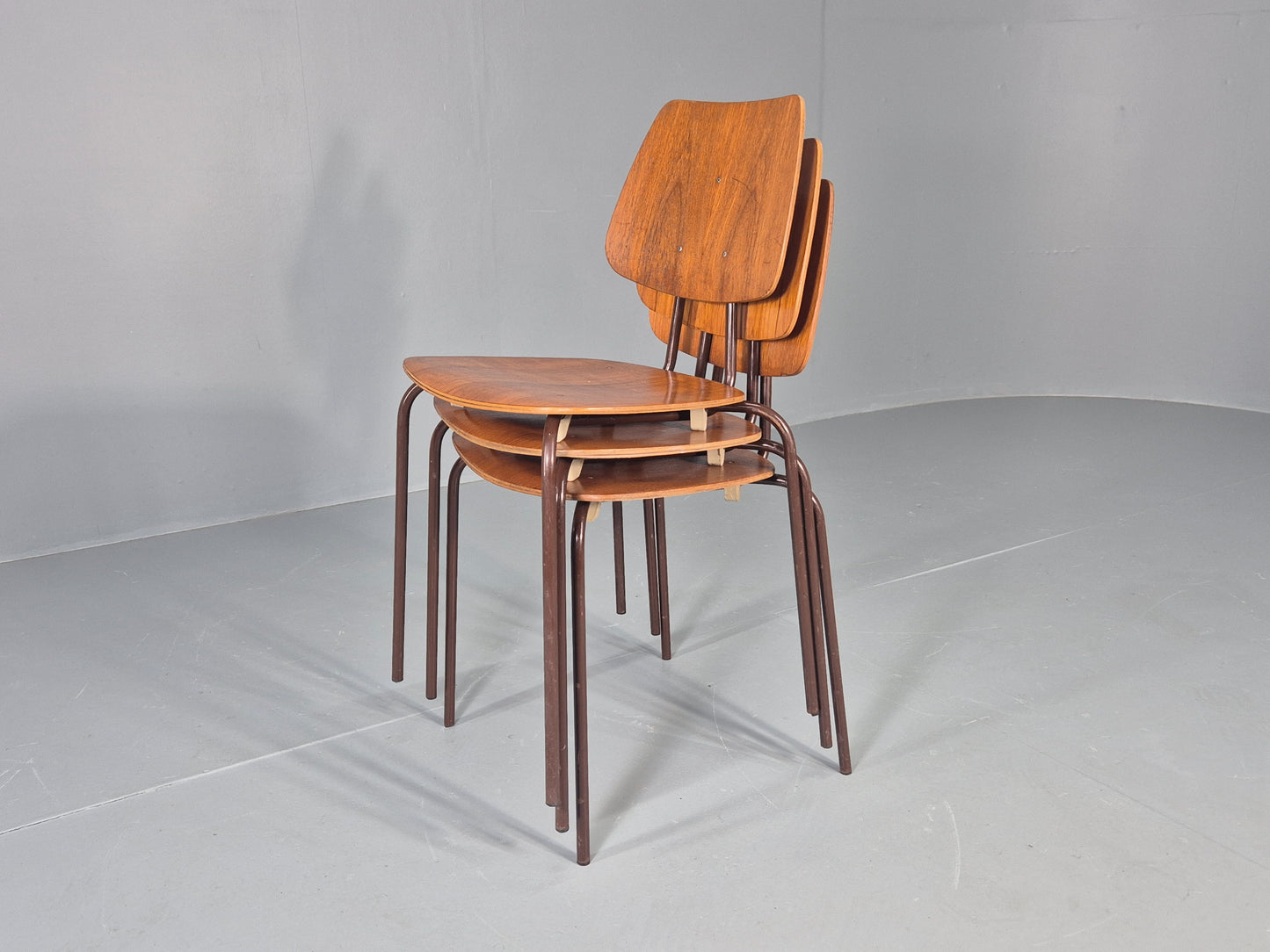 3 Vintage Danish Stacking Chairs Industrial Design Steel Teak Retro 60s Eb12491