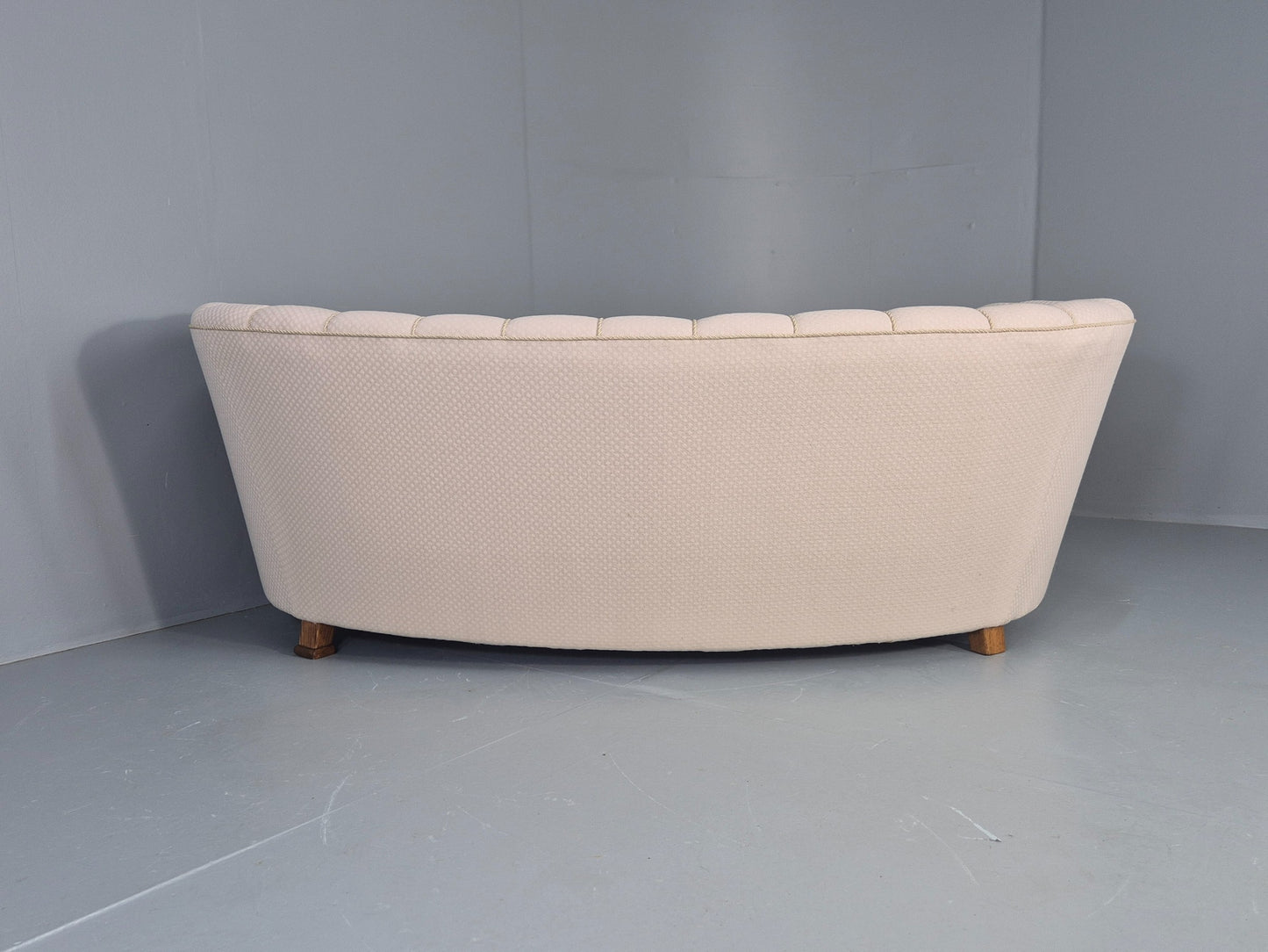 Vintage Danish Banana Sofa Art Deco 3 Seater Cream Cotton Upholstery EB12396