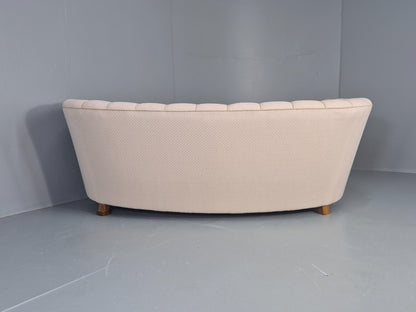 Vintage Danish Banana Sofa Art Deco 3 Seater Cream Cotton Upholstery EB12396