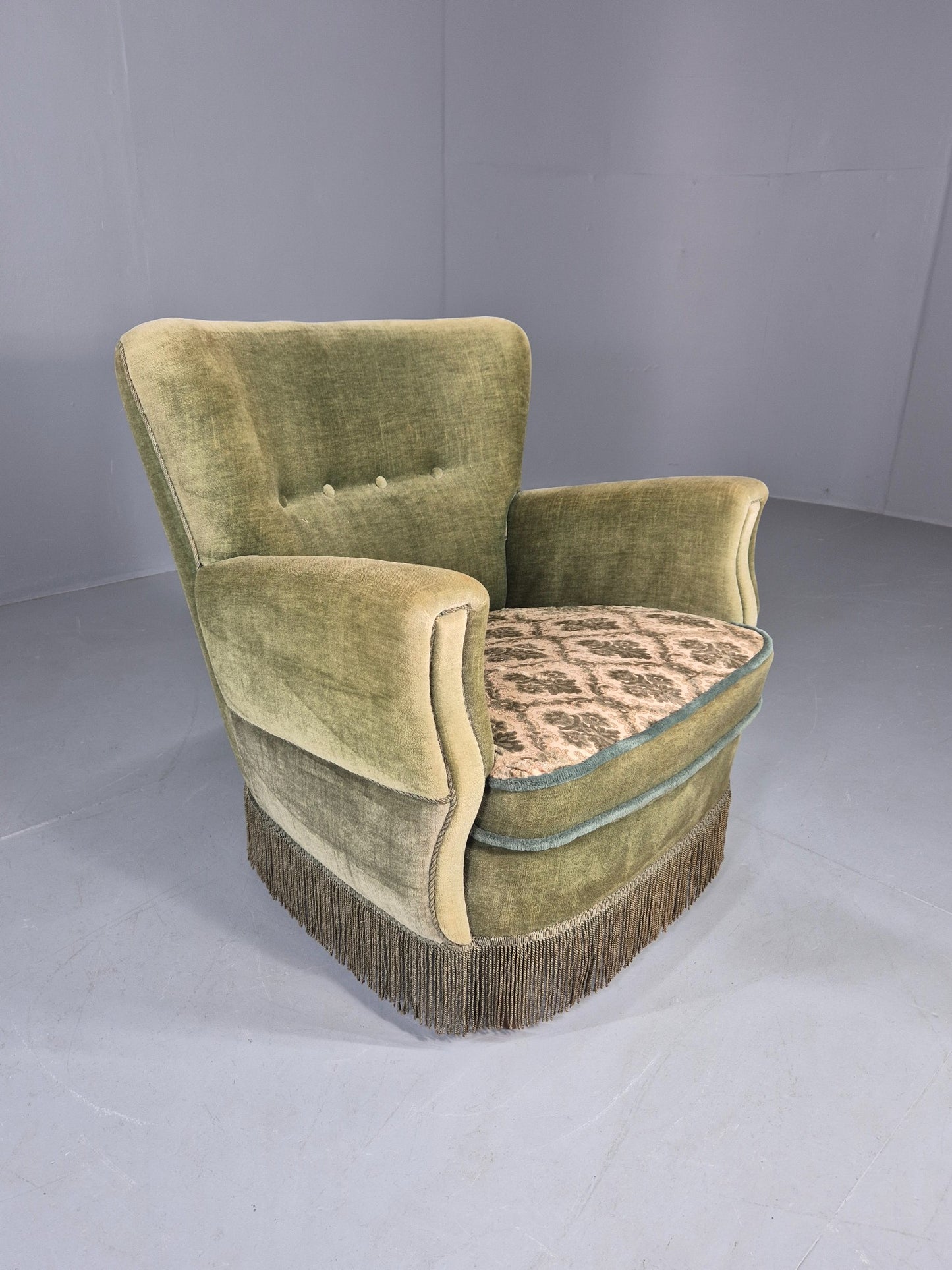 Vintage 1950s Armchair Danish Design Green Velour Tassels Art Deco EB12711
