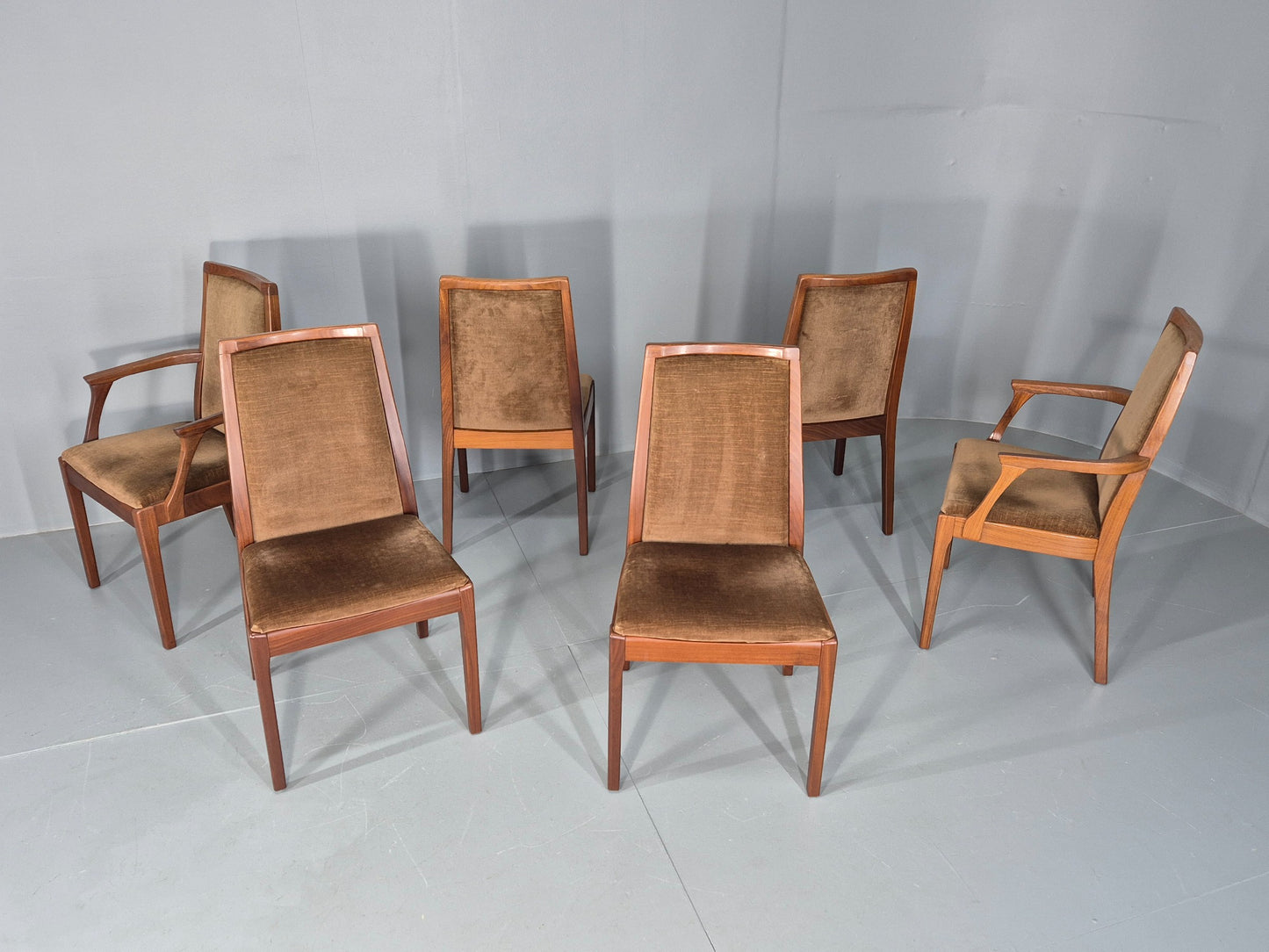 6 Vintage 1970s Nathan Dining Chairs Brown Velour Teak Retro MCM EB11921