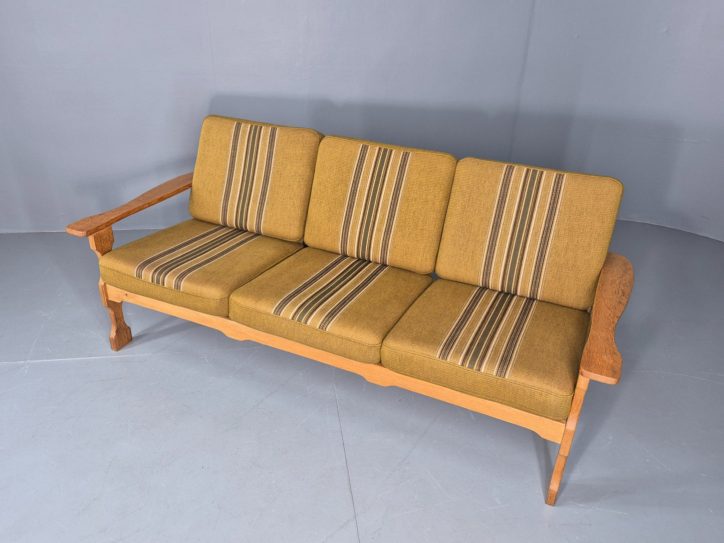 Vintage Danish 3 seater Sofa Oak Kjaenulf Green Cushions 1970s Retro EB12776