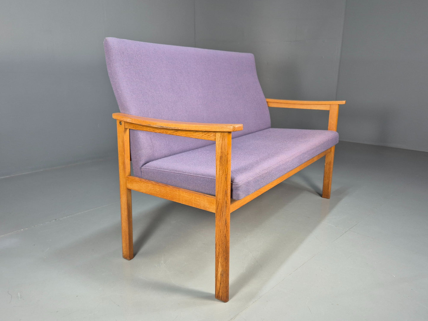 Vintage Danish 2 Seater Bench Sofa Oak Frame Purple Upholstery 1970s MCM EB08693