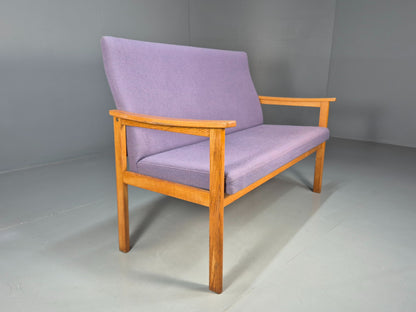 Vintage Danish 2 Seater Bench Sofa Oak Frame Purple Upholstery 1970s MCM EB08693