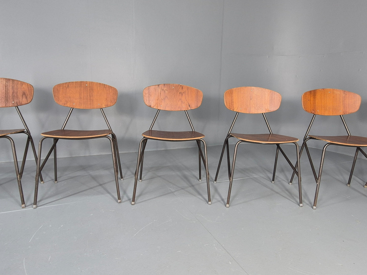 6 Vintage Danish Stacking Chair Industrial Steel and Teak Ply Retro MCM  EB12475