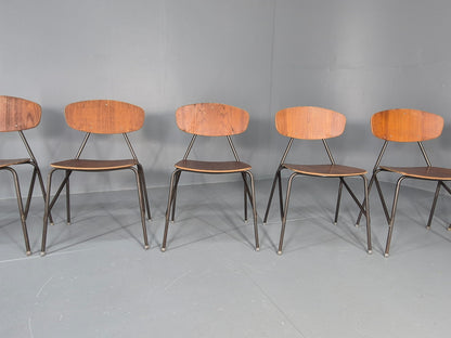 6 Vintage Danish Stacking Chair Industrial Steel and Teak Ply Retro MCM  EB12475