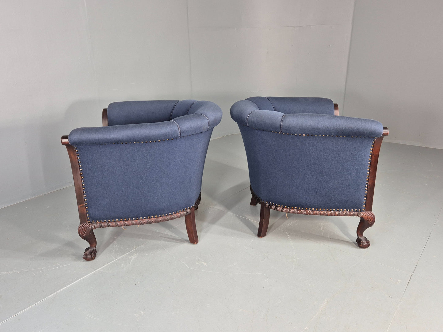 2 Vintage Danish Antique Tub Chairs Rope Twist Oak Ball Claw 1900s EB12684