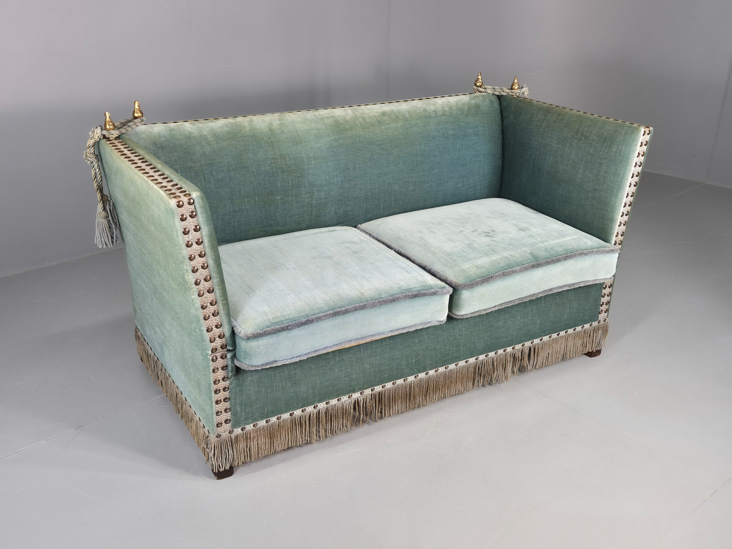 Vintage Danish Knole Sofa 2 Seater Blue Velour Floral Cream Cushions EB12748