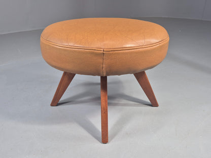 Vintage Mid Century Foot Stool Brown Vinyl Danish Teak Round Retro MCM EB12022