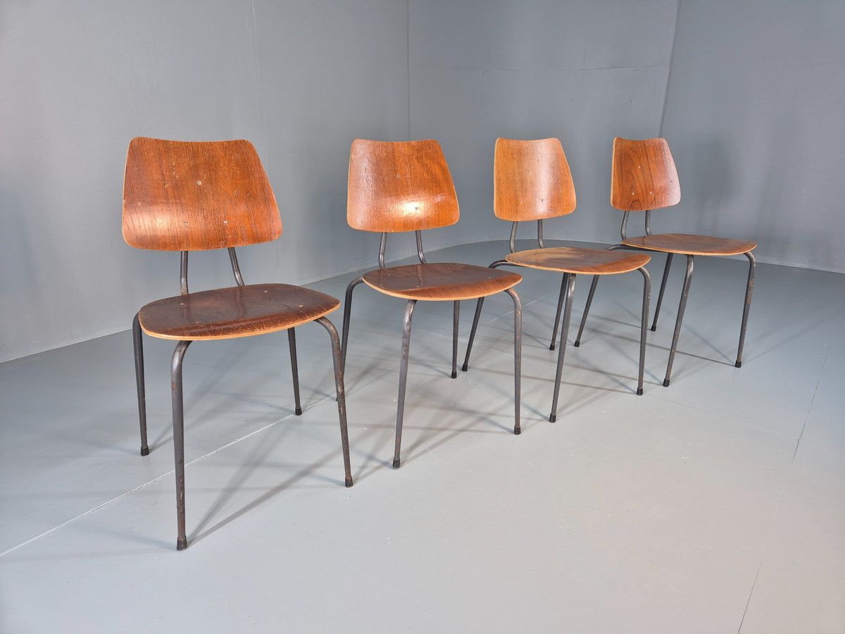 4 Vintage Danish Industrial Steel and Ply Stacking Chair 1960s Retro EB12655