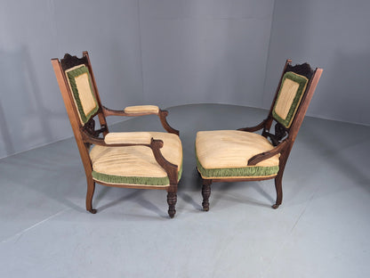 2 Antique Mahogany Saloon Chairs Green and Cream Upholstery Edwardian EB12792