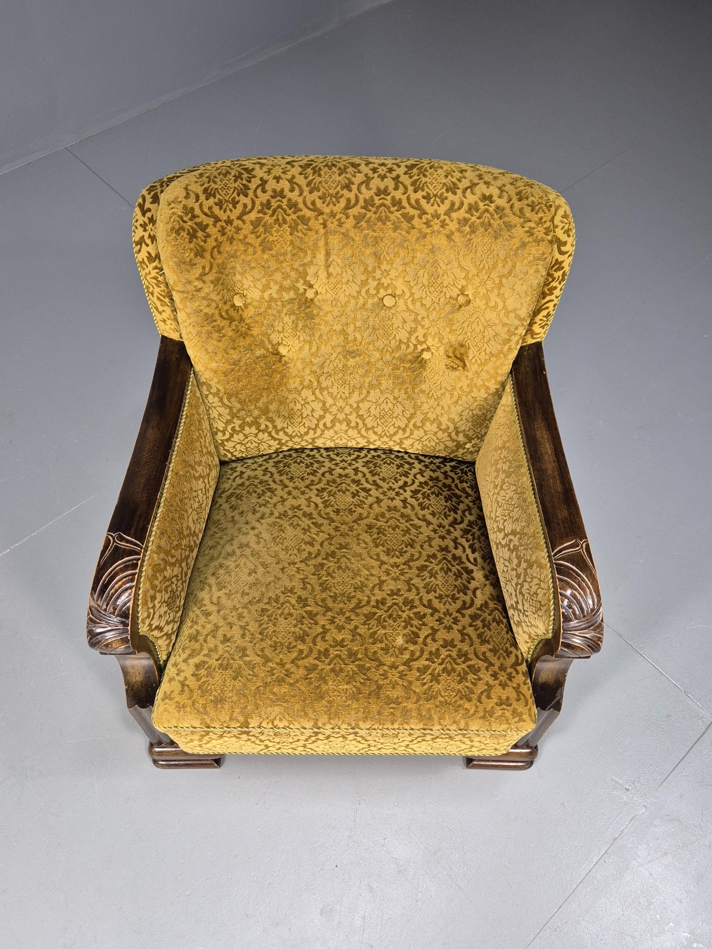 Antique Danish floral Mustard Colour Armchair 1920s Wood Frame EB08975