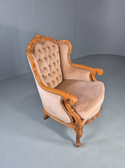 Vintage Danish Rococo Armchair Beech Frame Biege Velour 1970s Retro EB12718