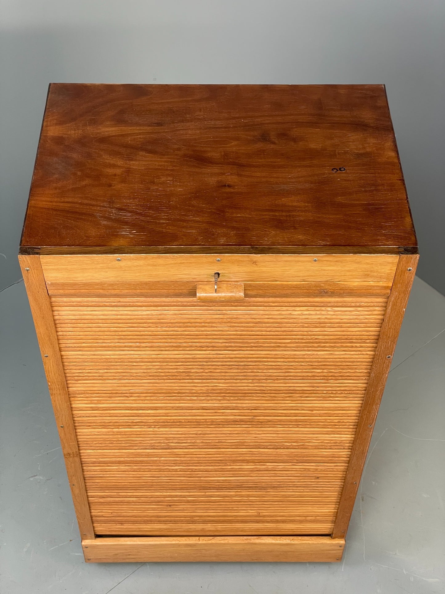Vintage Tambour Fronted Cabinet Oak Walnut Danish Mid Century Shelving EB12516
