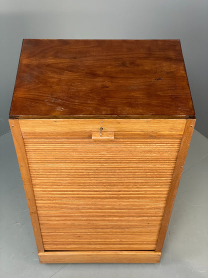 Vintage Tambour Fronted Cabinet Oak Walnut Danish Mid Century Shelving EB12516