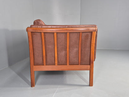 Vintage 2 Seater Sofa Danish Brown Leather Wood Ends Retro 1980s EB8349 M2SS