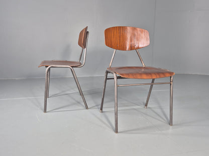 2 Vintage Danish Stacking Industrial Chairs Teak Ply and Steel 1960s  EB12401