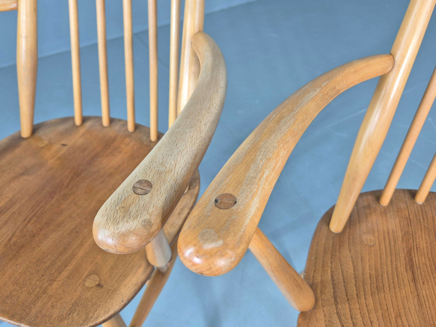 2 Ercol Goldsmith Elbow Chairs Blonde Wood 1960s Retro MCM  EB12544
