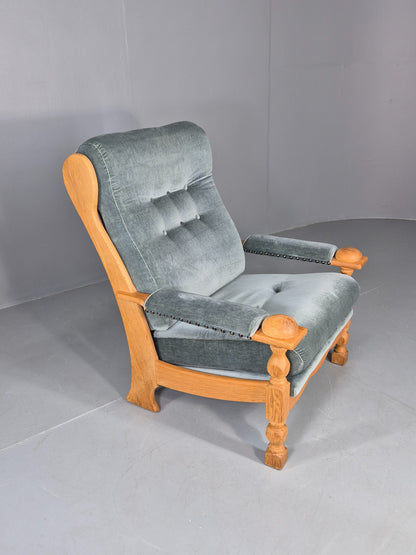 Vintage Danish 1970s Oak Lounge Chair Blue Velour Upholstery Retro EB12709