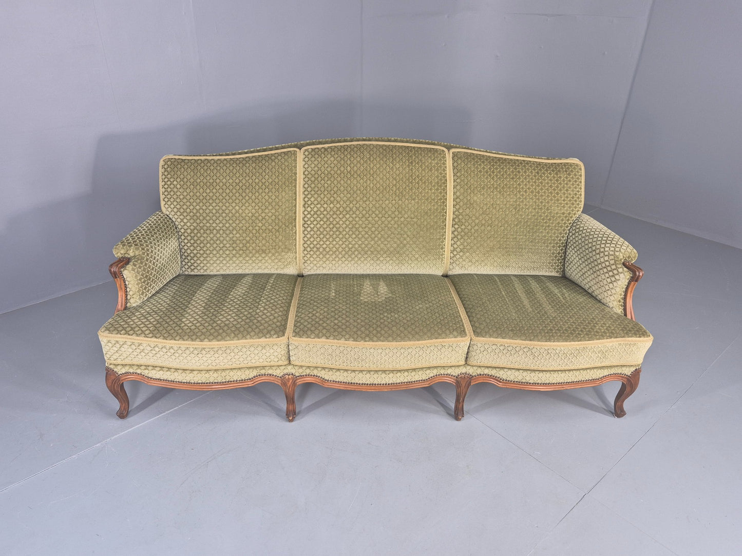 Vintage 3 Seater Sofa  Danish Rococo Style Carved Wood Green Velour  EB12705