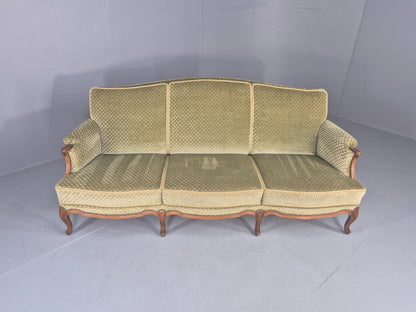 Vintage 3 Seater Sofa  Danish Rococo Style Carved Wood Green Velour  EB12705