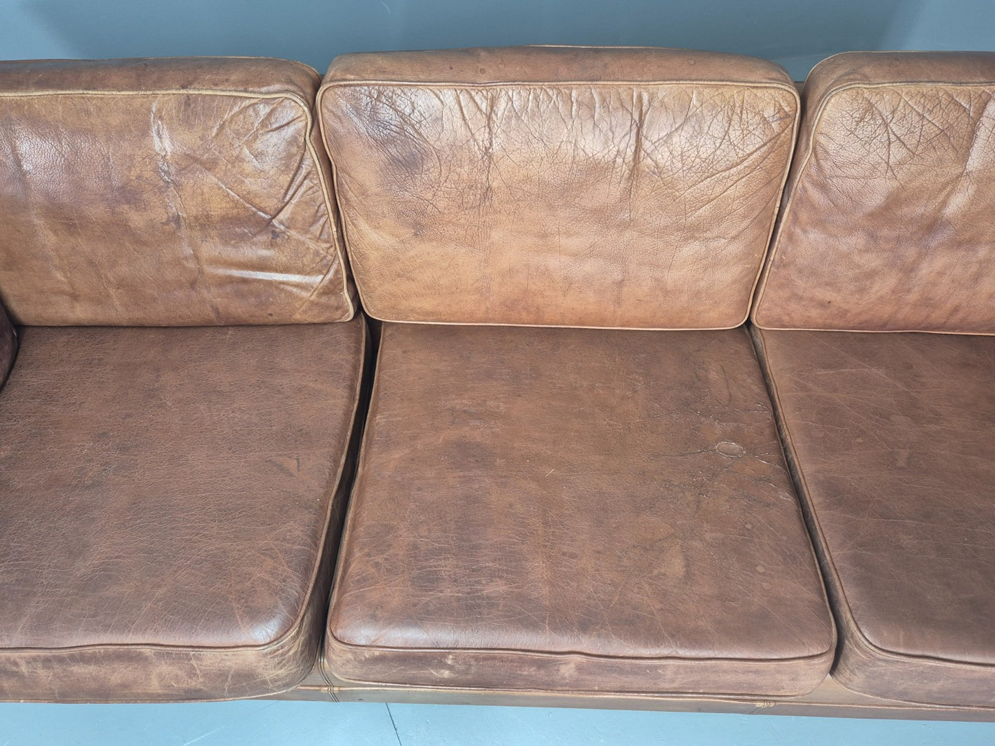 Vintage 3 seater sofa Danish Brown Leather 1970s Mid Century Retro EB10498