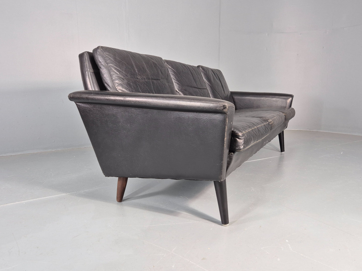 Mid Century 3 Seater Sofa Danish 1960s Black Leather Retro Modern Design EB11355