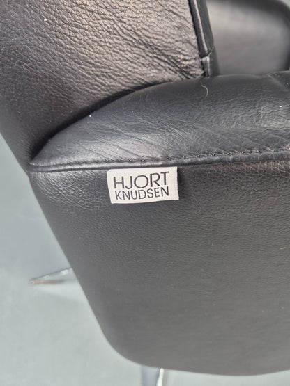 Vintage Hjort Knudsen Black Leather and Chrome Swivel Lounge Chair Retro EB13083