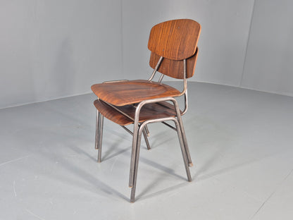 2 Vintage Danish Stacking Industrial Chairs Teak Ply and Steel 1960s  EB12401