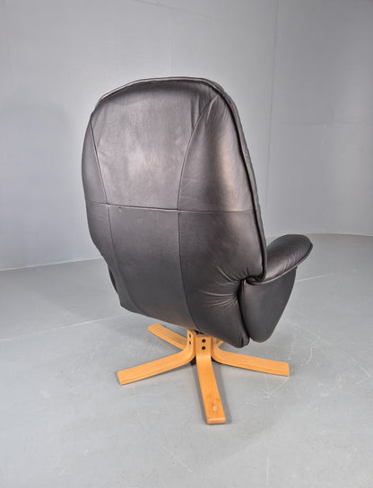 Vintage Leather Swivel Recline Armchair Black 1980s Design Retro EB12313