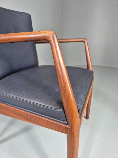 Vintage Mid Century Teak Armchair Blue Leather 1960s Retro EB11904