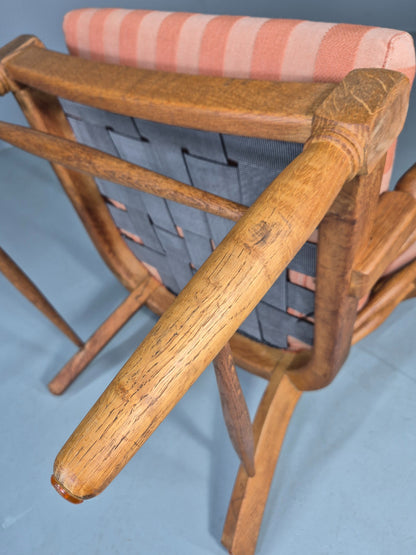 Vintage Danish Oak Lounge Chair 1950s Cottage Style Pink Striped Cotton EB12708