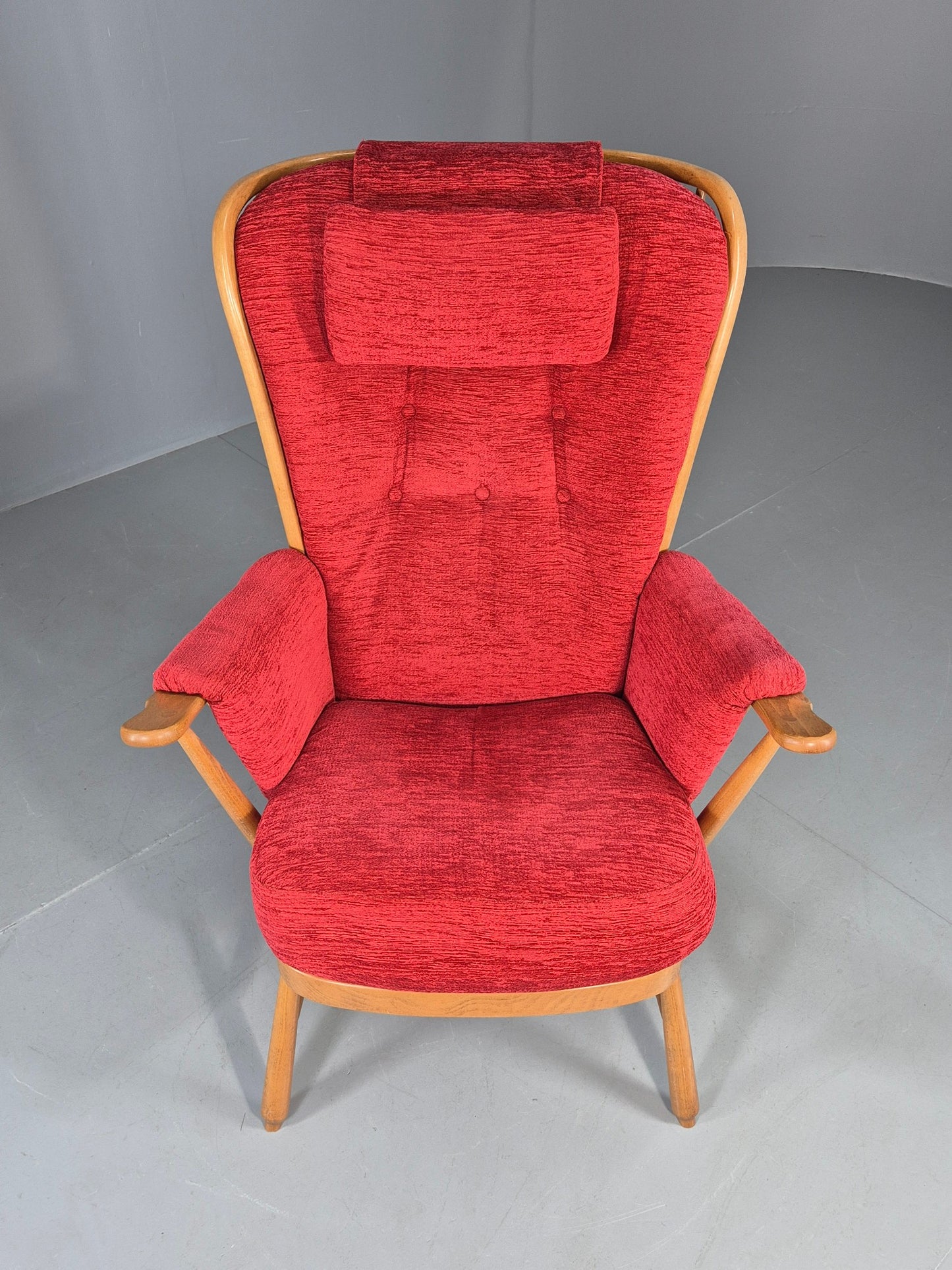 Ercol Evergreen Vintage Lounge Chair High Back Red Chenille Retro EB12859