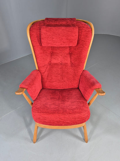 Ercol Evergreen Vintage Lounge Chair High Back Red Chenille Retro EB12859