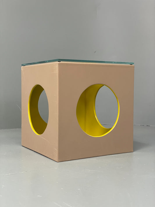 Cube Side Table Glass Top Beige Green Retro Style EB12626