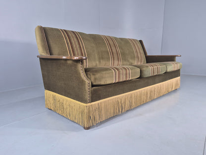 Vintage Danish 3 Seater Sofa 1970s Kjaernulf Styled Green Stripe Retro EB12729