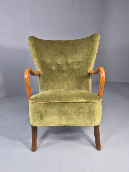 Vintage Mid Century Armchair Danish Slagelse Mobler Green Velour Retro EB12462