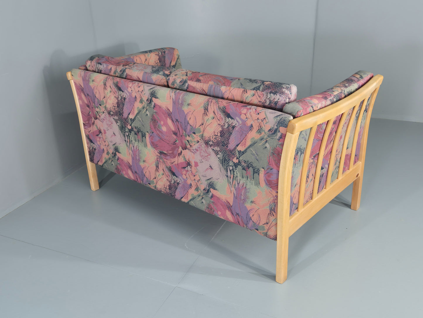 Vintage Stouby 2 Seater Sofa Floral Cotton Print 1980s Retro Beech Ends EB12448