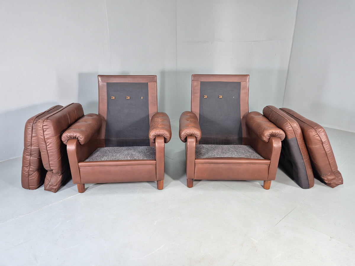 2 Vintage Leather Lounge Chairs 1970s Danish Design Buttoned Retro EB13132